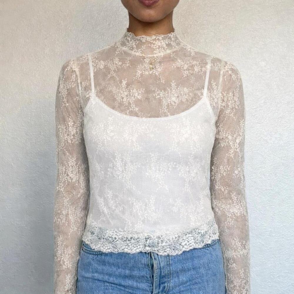Vintage Cream Floral Lace Sheer Long Sleeve Romantic Coquette Top Size S